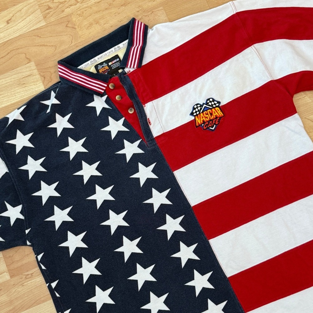 Vintage NASCAR Cafe Polo Shirt Mens Large American Flag Stars Stripes Racing Red